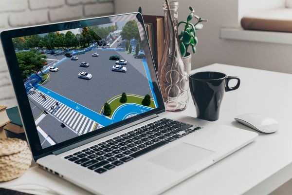 3D анимация перекрестка с безопасными пешеходными и велосипедными зонами