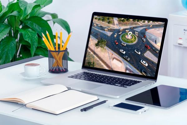3D анимация кругового перекрёстка с детализированной дорожной инфраструктурой